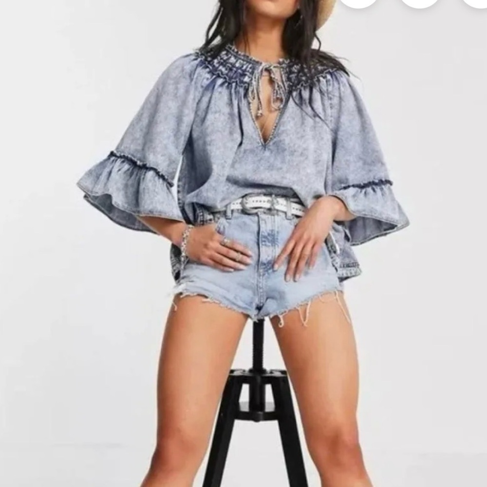 Free People Denim Blue Ruffle Blouse